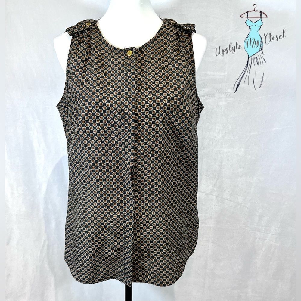 Michael Kors navy and brown geometric print blouse top size 6